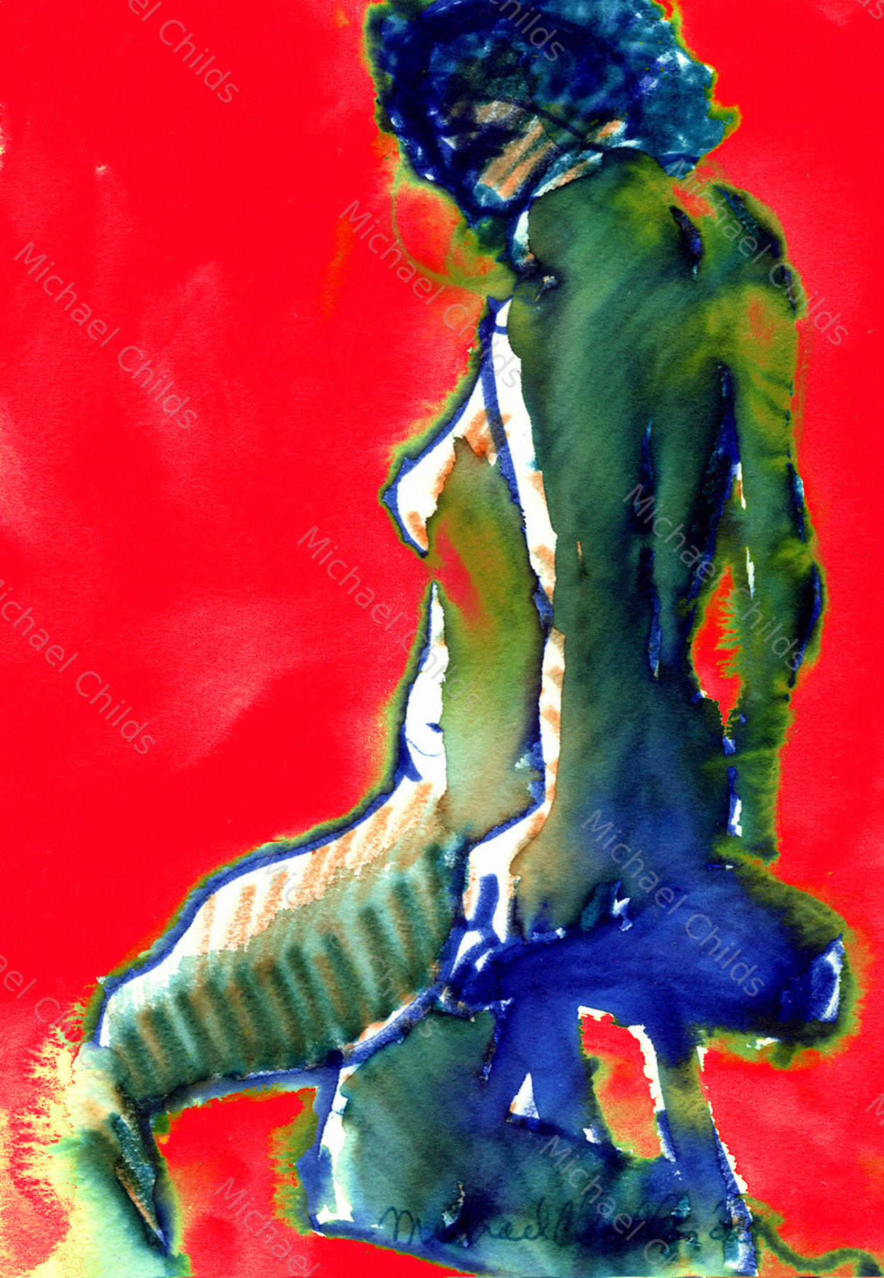 Yellow Red Blue Seated Nude