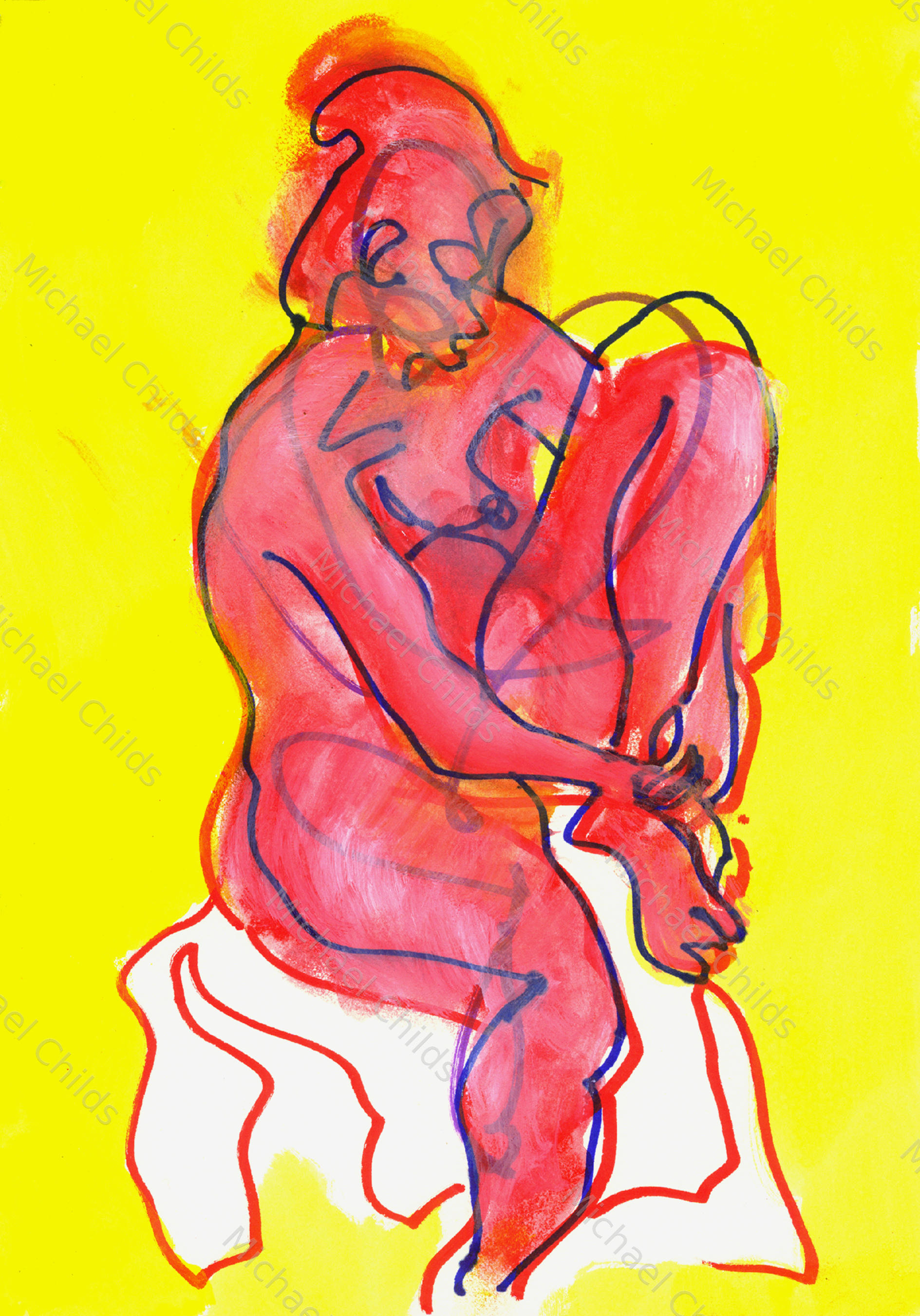 Yellow Red Seated Nude